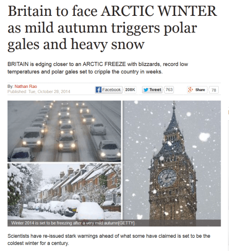 Daily Express headline: Winter 2014 forecast