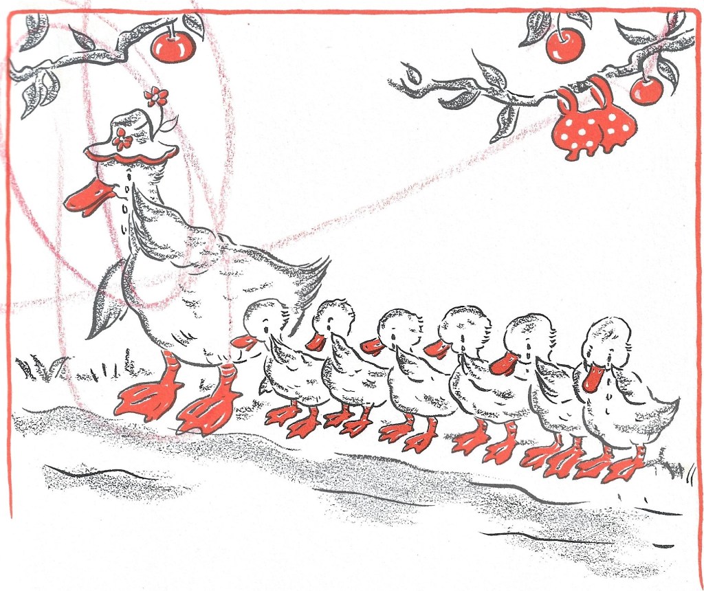 Seven Diving Ducks: Everybody but Dad watching Little Duck go to the chickens